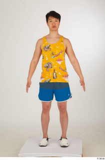  Lan blue shorts dressed sports standing white sneakers whole body yellow printed tank top 0001.jpg